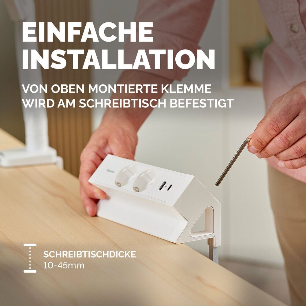 Tischsteckdosenleiste Fellowes Power Desk 2 Type F 2-fach, Tischklemme, 2x Steckdosen (230V), 1x USB-A, 1x USB-C, Kabellänge 2m, weiß