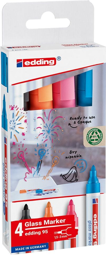Glasboardmarker Edding 95/4s glass marker, ca. 1,5-3 mm, Rundspitze, Etui 4 Farben
(inkl. schwarz)