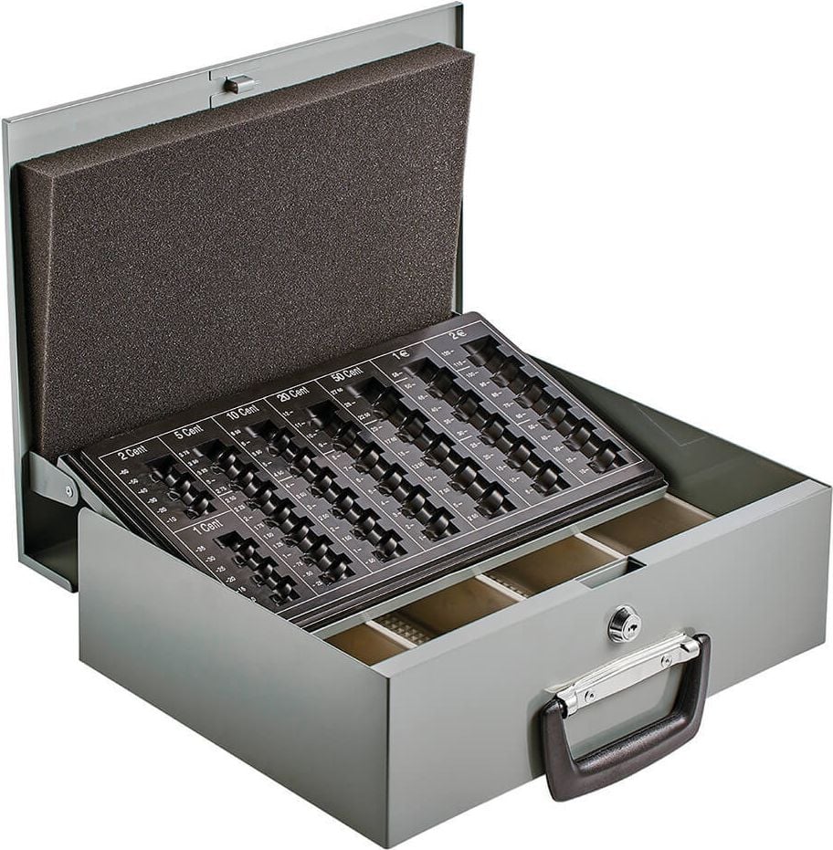 Geldkassetten Alco 853, 355x102x275mm (BxHxT), Transportkassette,
Zähleinsatz, Stahlblech, grau