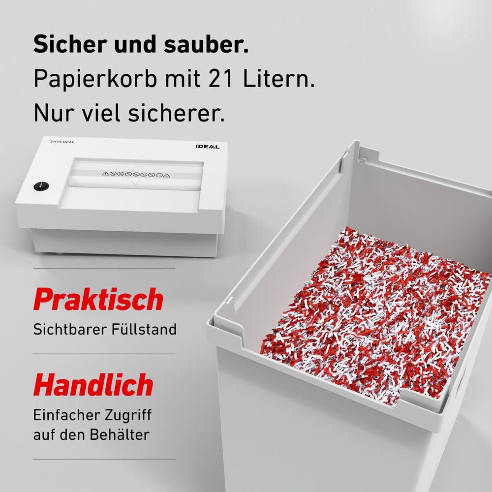Aktenvernichter Ideal Shredcat 8200 CC P-5 82001111, 2x12mm Partikelschnitt, ca. 12-14 Blatt, 21 Liter Behälter, weiß
