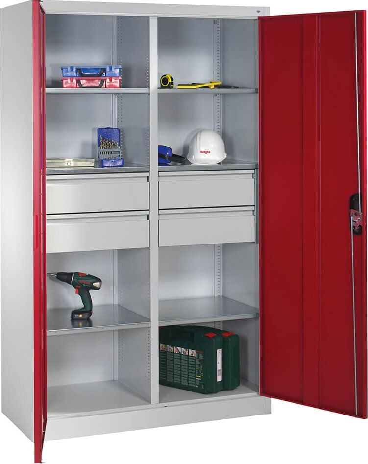Werkstattschrank CP Serie 89 Werkzeugschrank 8931-3042, 120x195x50cm (BxHxT), 6 Böden,
Mitteltrennwand, 8 Fächer, 4 Schubladen,
2 Flügeltüren, rot