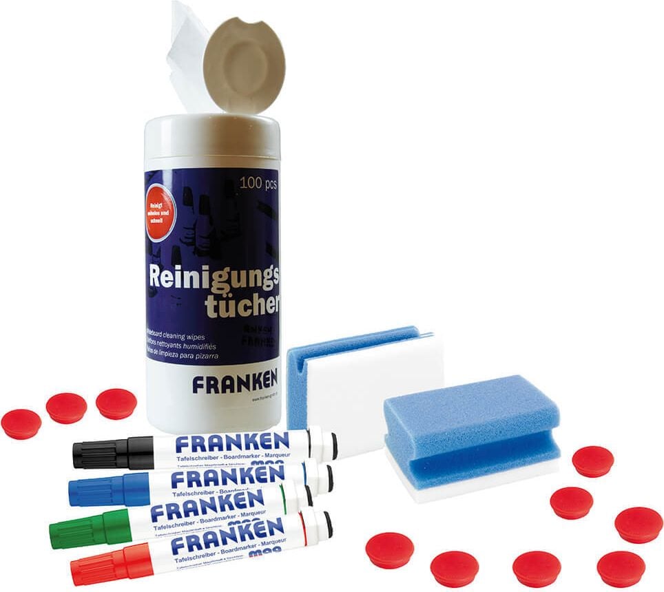 Tafel-Starter-Set Franken Z1955, 4 Marker, 100 Reinigungstücher, 2
Reinigungsschwämme, 10 Magnete