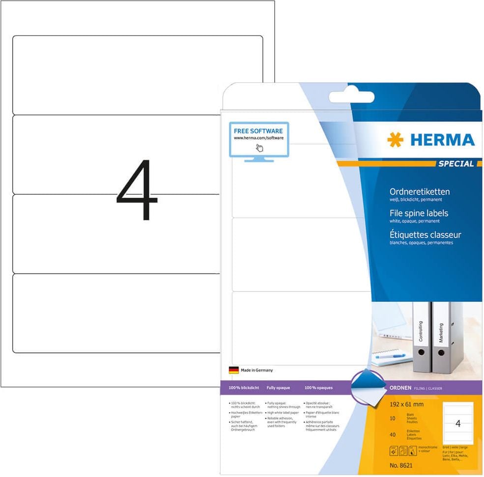 Rückenschilder Herma 8621, breit/kurz, 192x61mm, auf A4, weiß, Packung
10 Blatt/40 Stück