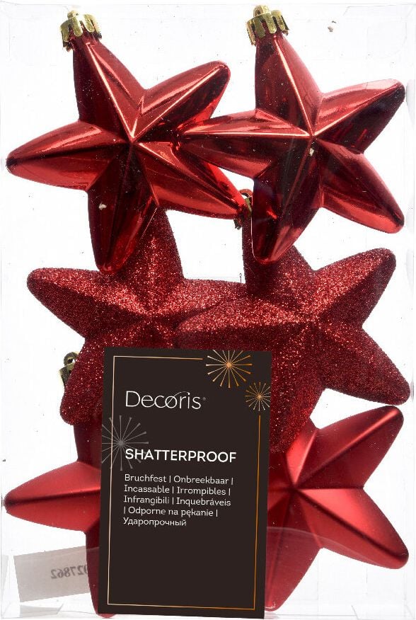 Weihnachtskugeln DECORIS Stern, 7,5x7,5x2cm (BxHxT), Polystyrol, Pack 6 Stück, rot