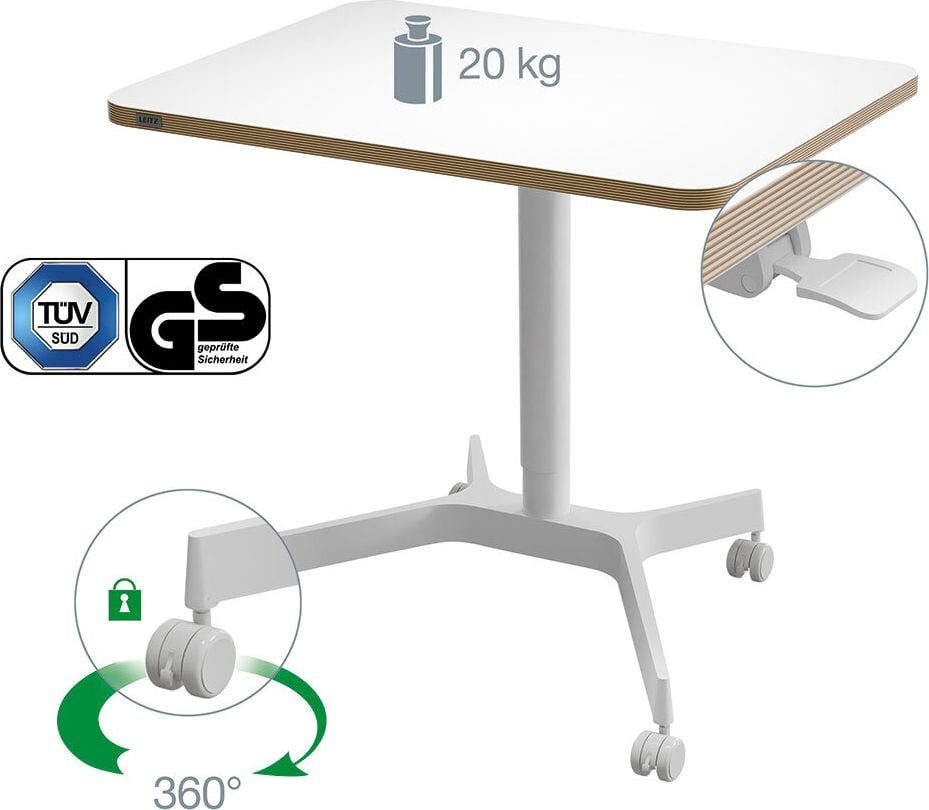 Hubschreibtisch Leitz Ergo Compact Workstation 65360001, 80x60cm (BxT), manuell höhenverstellbar, 75-114cm Höhe, rechteckig, Fußkreuz mit Rollen, weiß