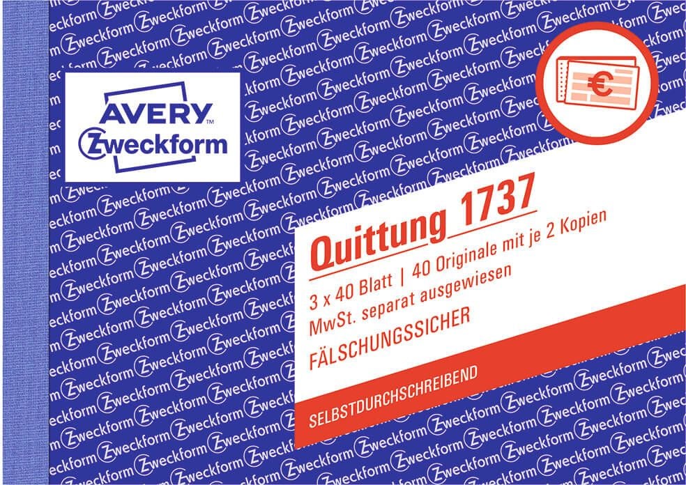 Quittungen Zweckform 1737, DIN A6 quer, MwSt-Nachweis,
selbstdurchschreibend, Block 3x40 Blatt