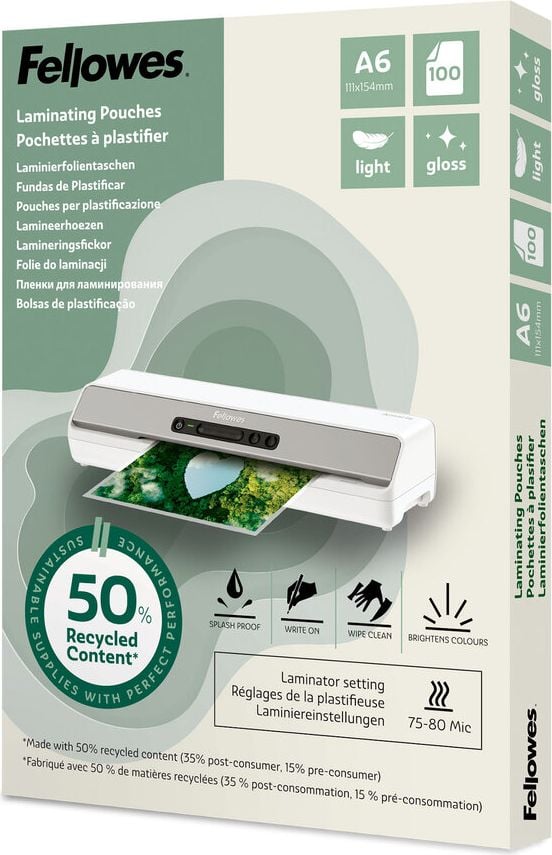 Laminierfolien Fellowes A6 POUCH 100143441, 154x111mm, 80 mic, glänzend, 50% Recyclinganteil, Pack 100 Stück