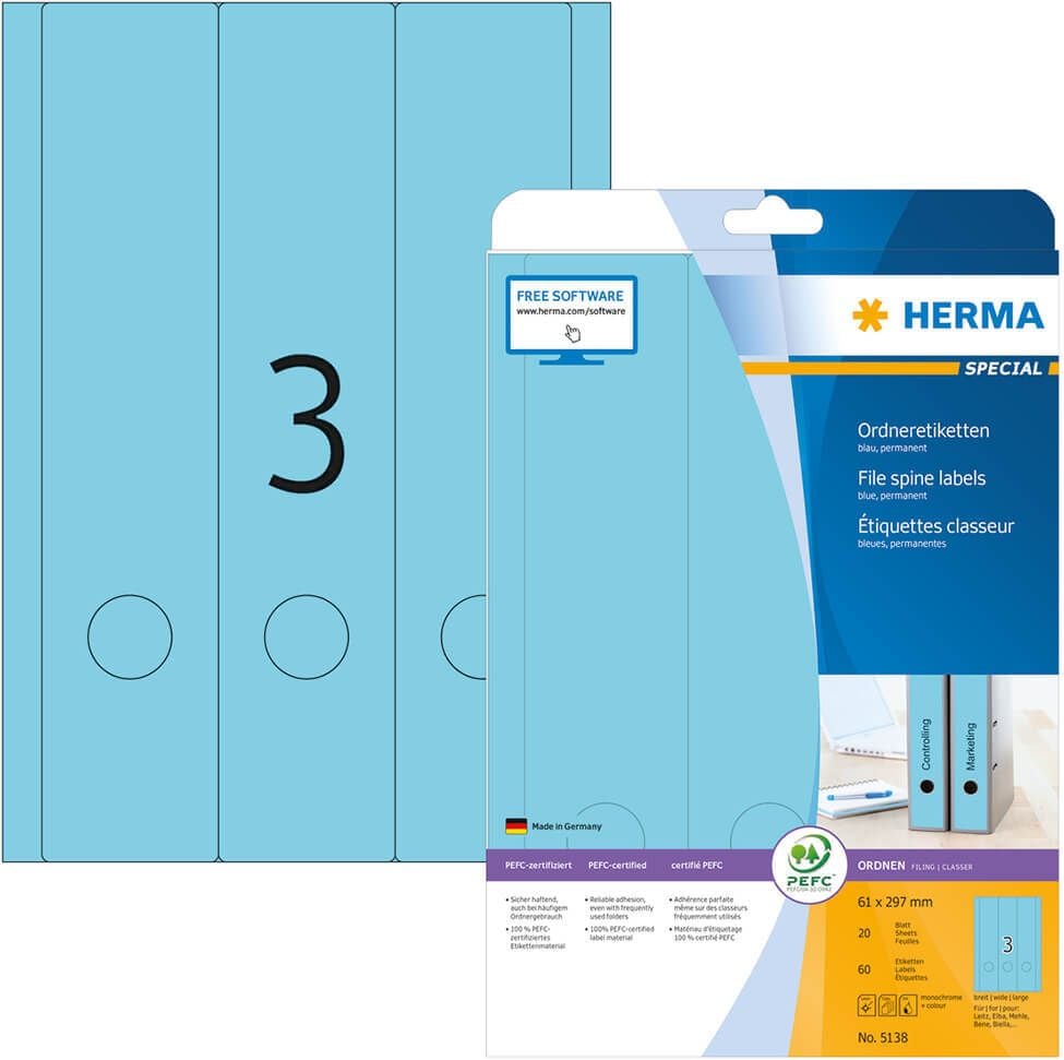 Rückenschilder Herma 5138, breit/lang, 297x61mm, auf A4, blau, Pack 20
Blatt/60 Stück