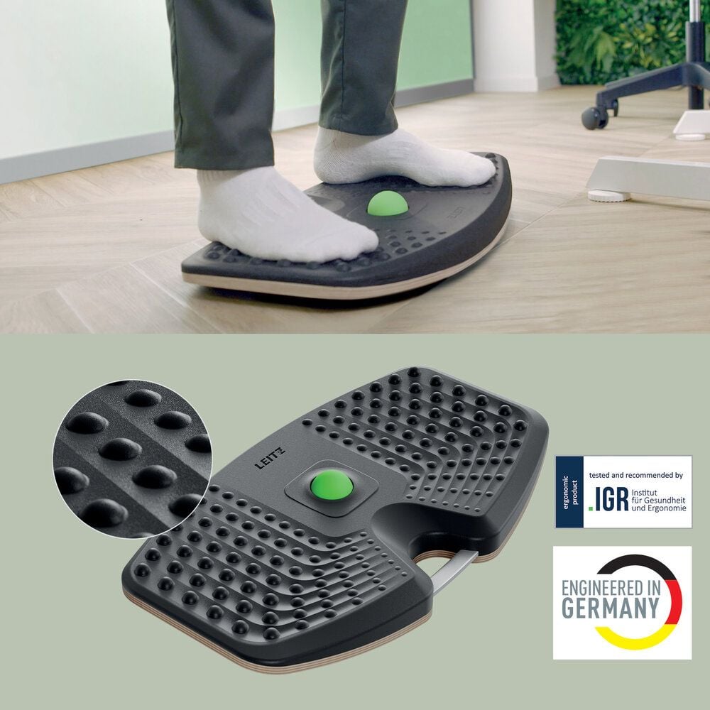 Anti-Ermüdungsboard Leitz Ergo Active Balance Board 6587, 54x6,5x31cm, 14 Grad Neigung, Holz/Schaumstoff, strukturierte Oberfläche, Tragegriff, dunkelgrau, dunkelgrau
