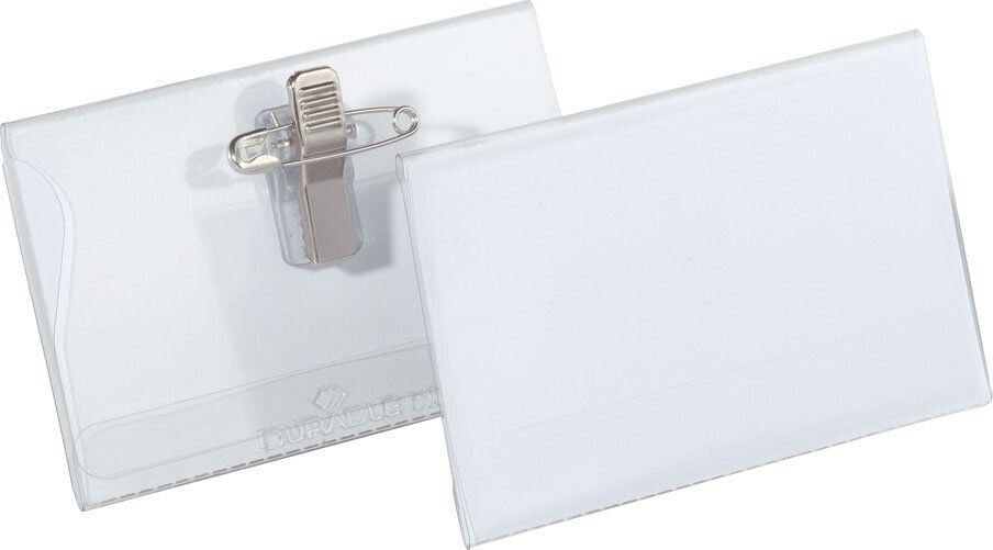 Namensschilder Durable 8101, 54x90mm, Kombiklemme (Nadel+Klemme), Pack
50 Stück