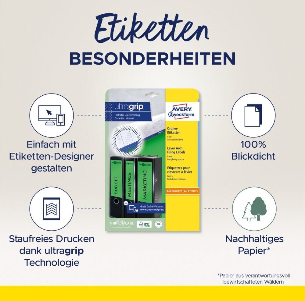 Rückenschilder Zweckform L4768-100 ultragrip, breit/kurz, 192x61mm, auf A4, grün,
Pack 100 Blatt/400 Stück