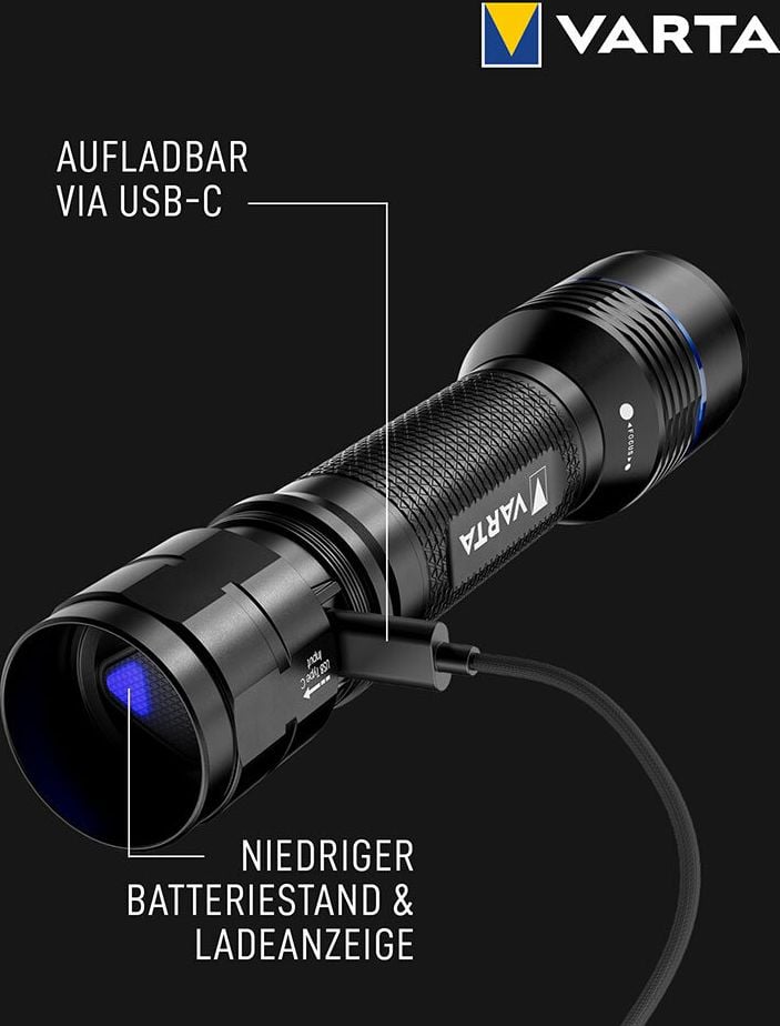 Taschenlampe Varta Night Cutter Pro F30R 18921101111, LED, 1500 Lumen, 280m Leuchtweite, 5 Leuchtstufen, USB-C Anschluss, inkl. Li-Ion Akku, schwarz