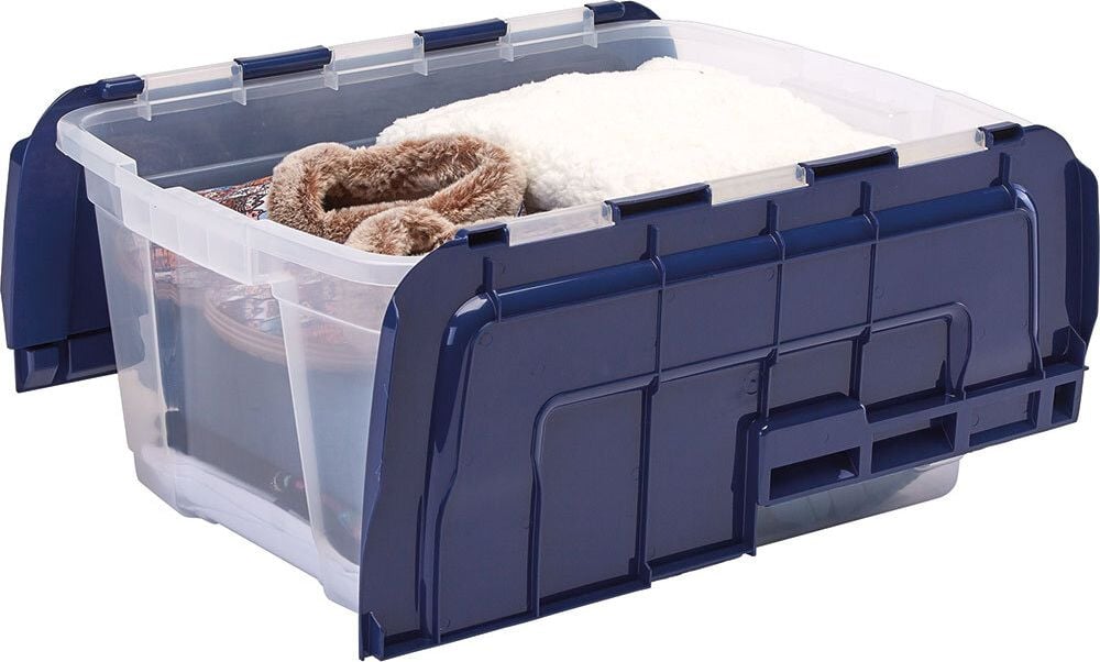 Aufbewahrungsboxen Bankers Box Tote Box with hinged Lid, 45 Liter, Außenmaße: 590x430x280mm (BxTxH), PP 100% BPA-frei, geteilter Deckel, transparent/blau
