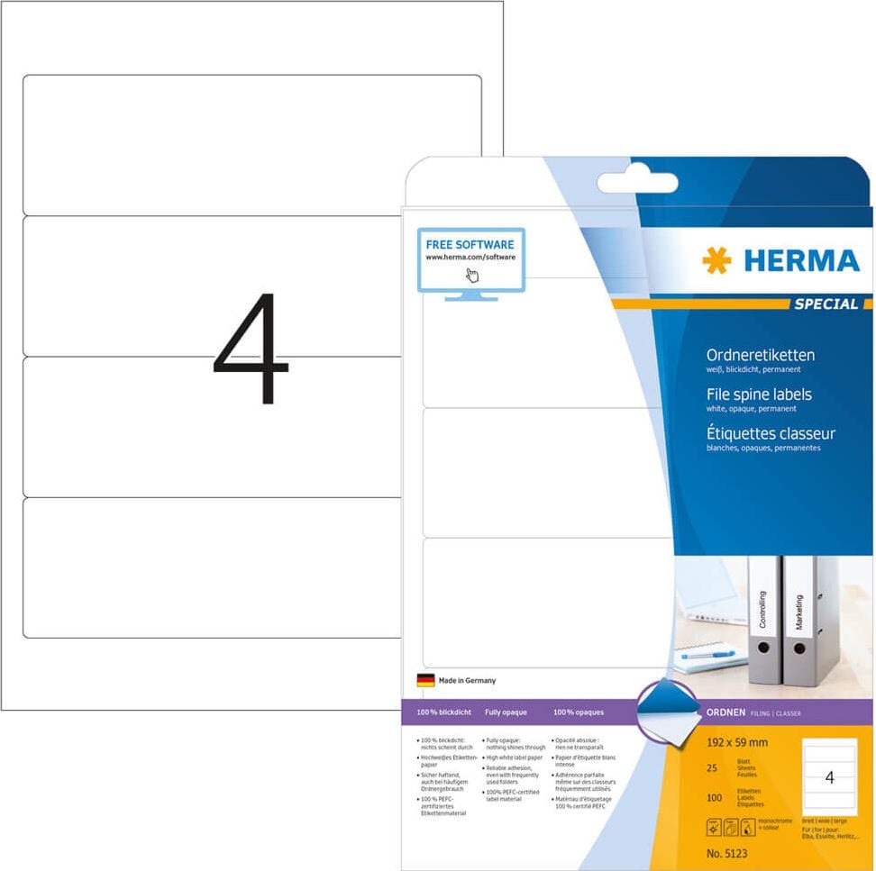 Rückenschilder Herma 5123, breit/kurz, 192x59mm, auf A4,
weiß, Pack 25 Bl/100 St.