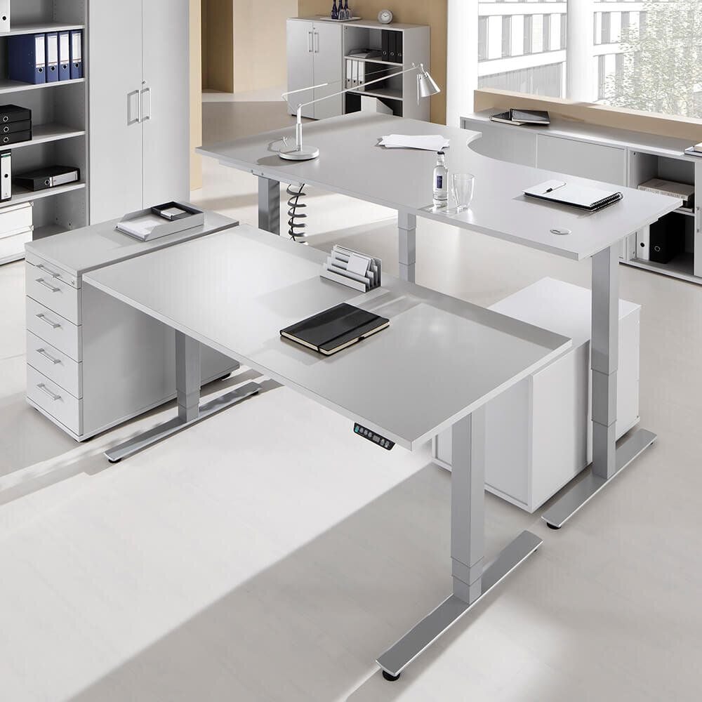 Hubschreibtisch Hammerbacher XDSM19/x/S, 180x80cm (BxT), 63,5-128,5cm Höhe, rechteckig, T-Fuß silber, ahorn