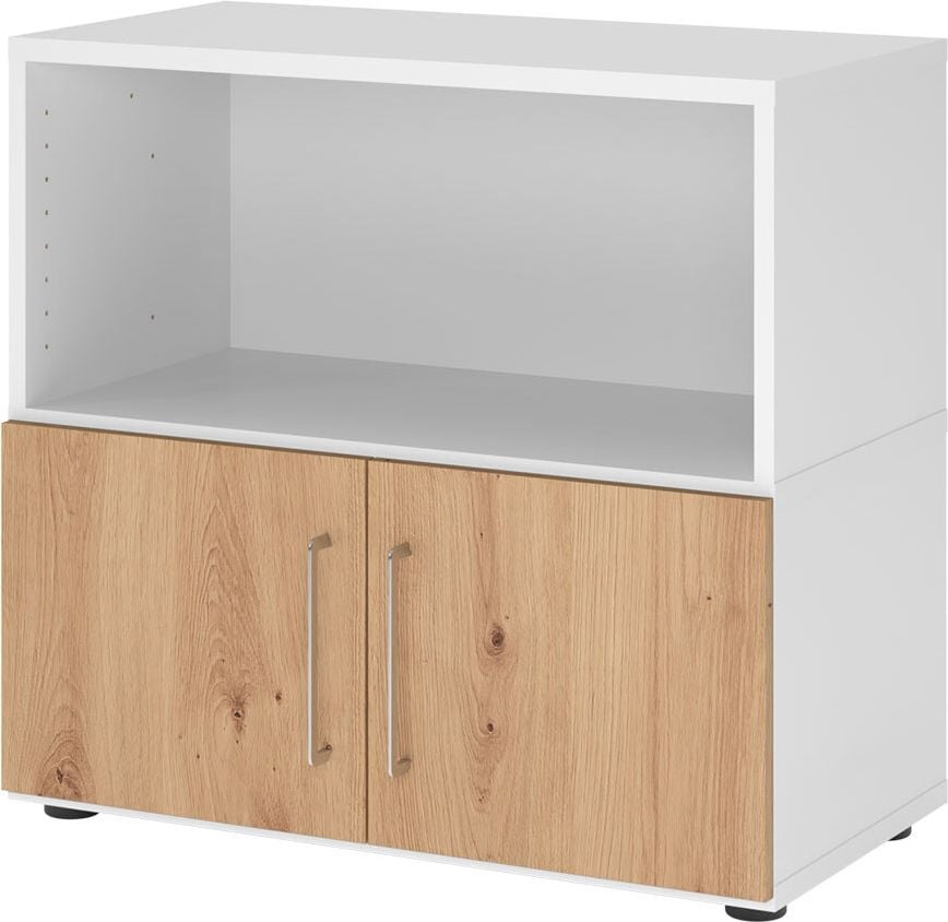 Regal Hammerbacher VFW28T1KG/W mit Türen, Threespine-Klicksystem, 80 x 41,7 x 74,6 cm
(B x T x H), mit Stellfüßen, 2 Ordnerhöhen,
Korpus: weiß, asteiche