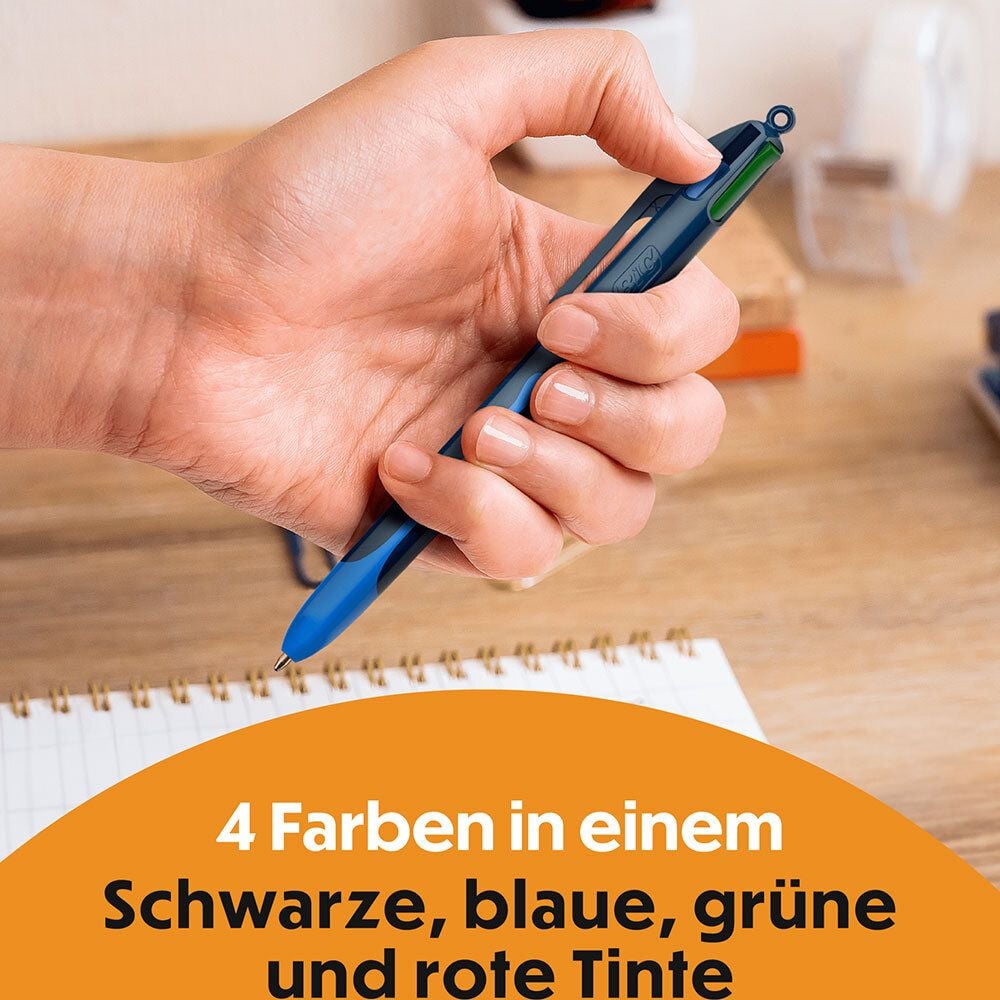 Vierfarbkugelschreiber BIC 4 Colours Smooth 524095, Schreibfarben: blau, schwarz, grün und rot, nachfüllbar, Schaft: dunkel-/hellblau, Pack 12 Stück