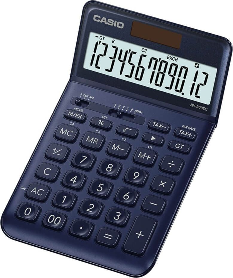 Tischrechner Casio JW-200SC, 12-stelliges LC-Display, Solar- und Batteriebetrieb, dunkelblau