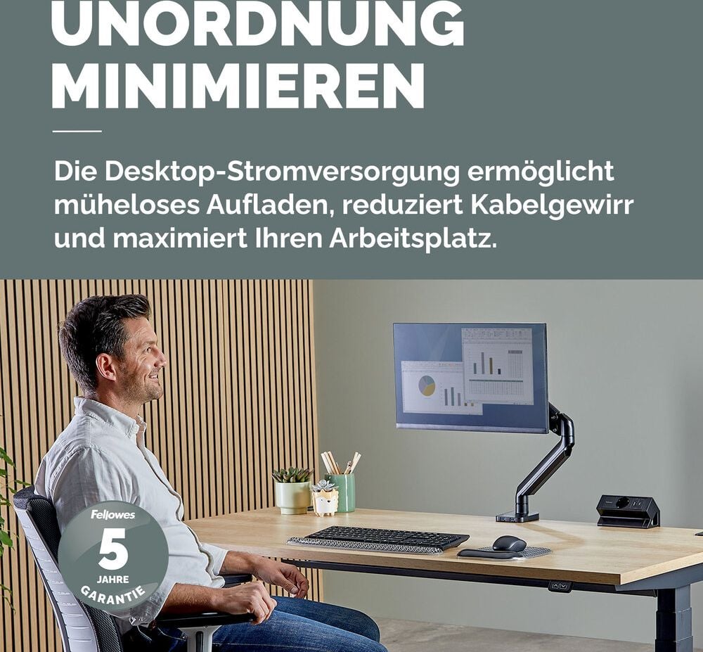 Tischsteckdosenleiste Fellowes Power Desk Type F 1fach+2 USB, Tischklemme, 1x Steckdose (230V), 1x USB-A, 1x USB-C, Kabellänge 2m, schwarz