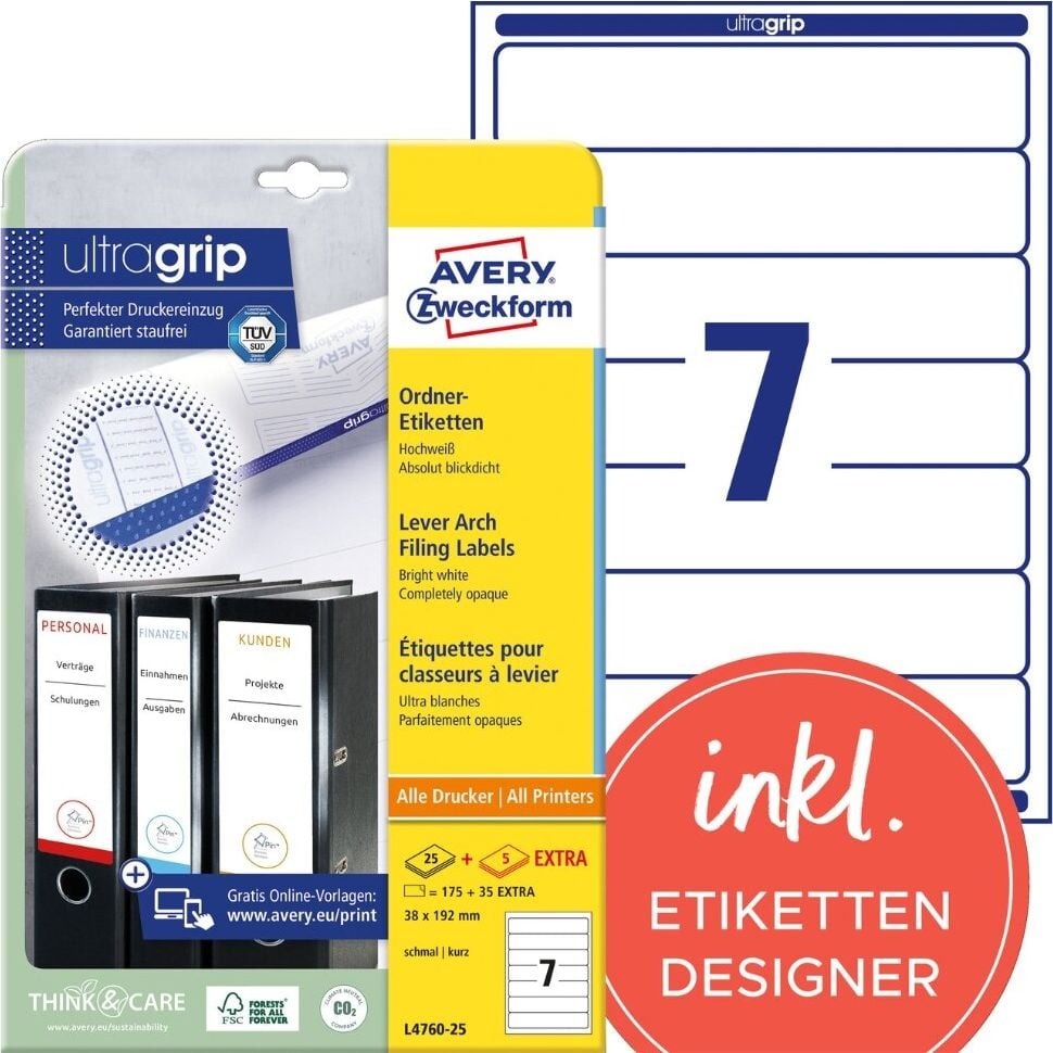 Rückenschilder Zweckform L4760-25 ultragrip, schmal/kurz, 192x38mm, auf A4, weiß, Pack 30
Blatt/210 Stück