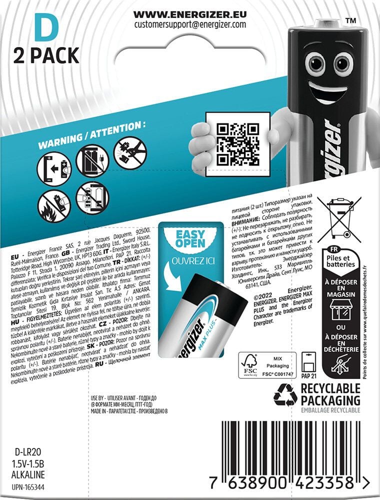Batterien Energizer Max Plus Mono (D), 1,5 V, mit Geräte-Auslaufschutz, bis zu 15 Jahre Leistungserhalt, Pack 2 Stück