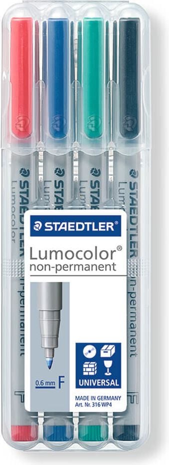 Folienschreiber Staedtler Lumocolor non-permanent pen 316WP4, ca. 0,6mm, wasserlöslich, Etui mit 4 Farben