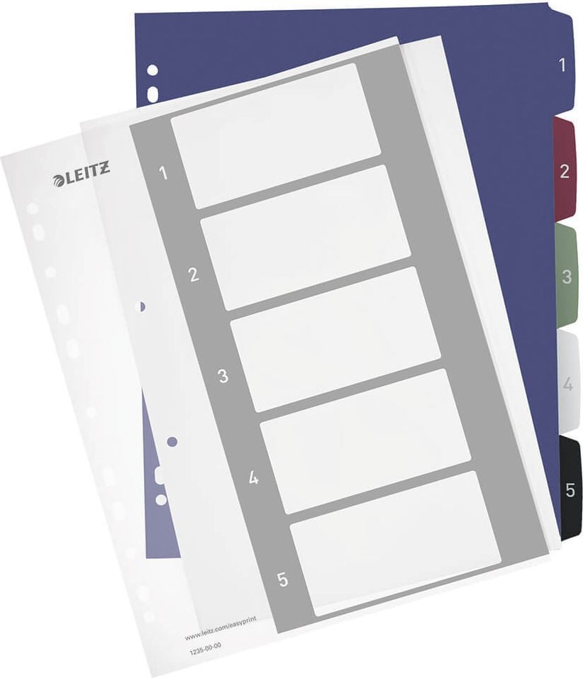 Kunststoffregister Leitz Style A4 Überbreite 1-5 1235, A4 Überbreite, 1-5, 5-teilig, PP, mehrfarbig,
Pack 20 Stück