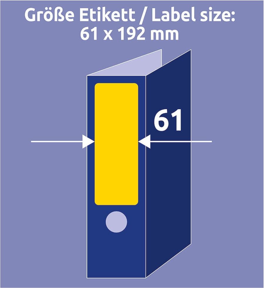 Rückenschilder Zweckform L4769-20 ultragrip, breit/kurz, 192x61mm, auf A4, gelb, Pack 20
Blatt/80 Stück