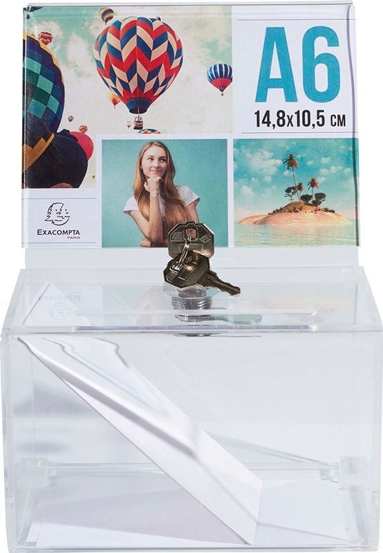 Aktionsboxen/Spendenboxen Exacompta 89358D, Einstecktafel für DIN A6 quer, Einwurfschlitz, Schloss, Acryl, transparent