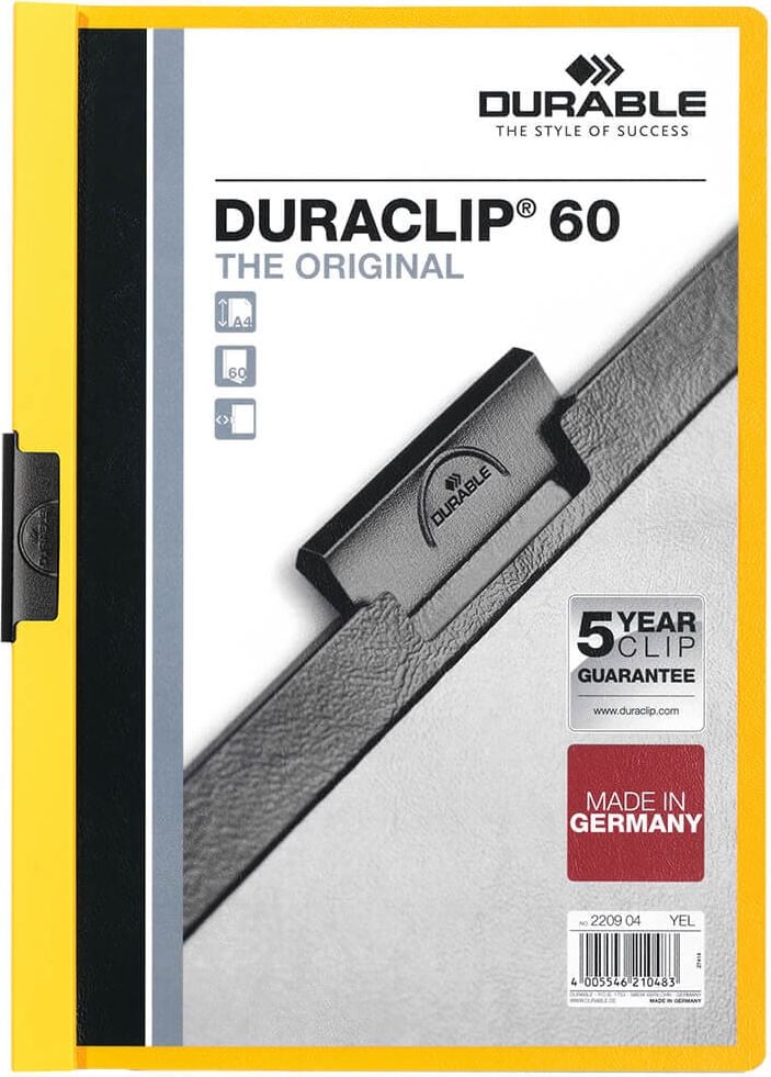 Klemmhefter Durable Duraclip 60 A4 2209, für 60 Blatt, Metallclip, transparenter
Vorderdeckel, farbiger Rückdeckel, gelb
