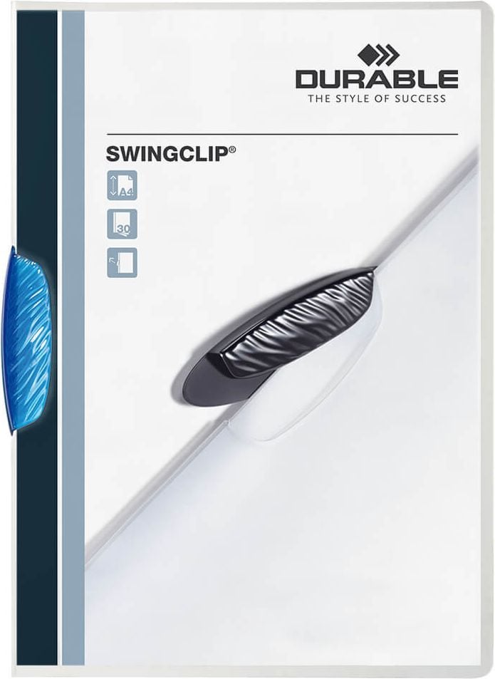 Klemmhefter Durable SWINGCLIP A4 2260, für 30 Blatt, Swingclip, farbige Klemme,
transparenter Vorder- und Rückdeckel, blau