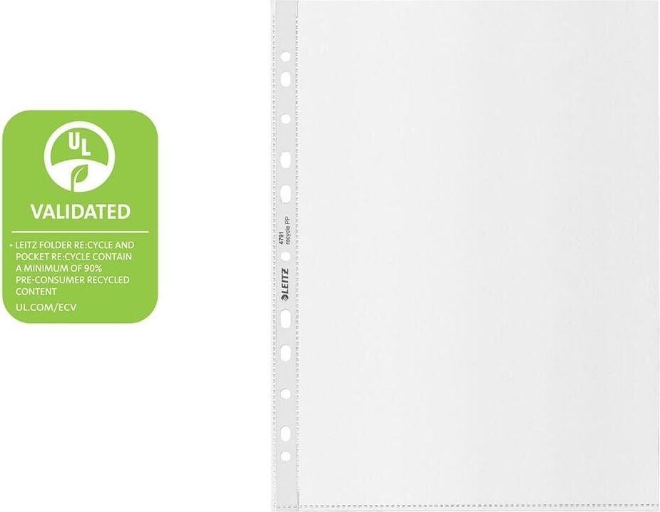 Prospekthüllen Leitz Recycle DIN A4 4791, oben offen, genarbt, recycelte PP-Folie 100my, Pack 25 Stück