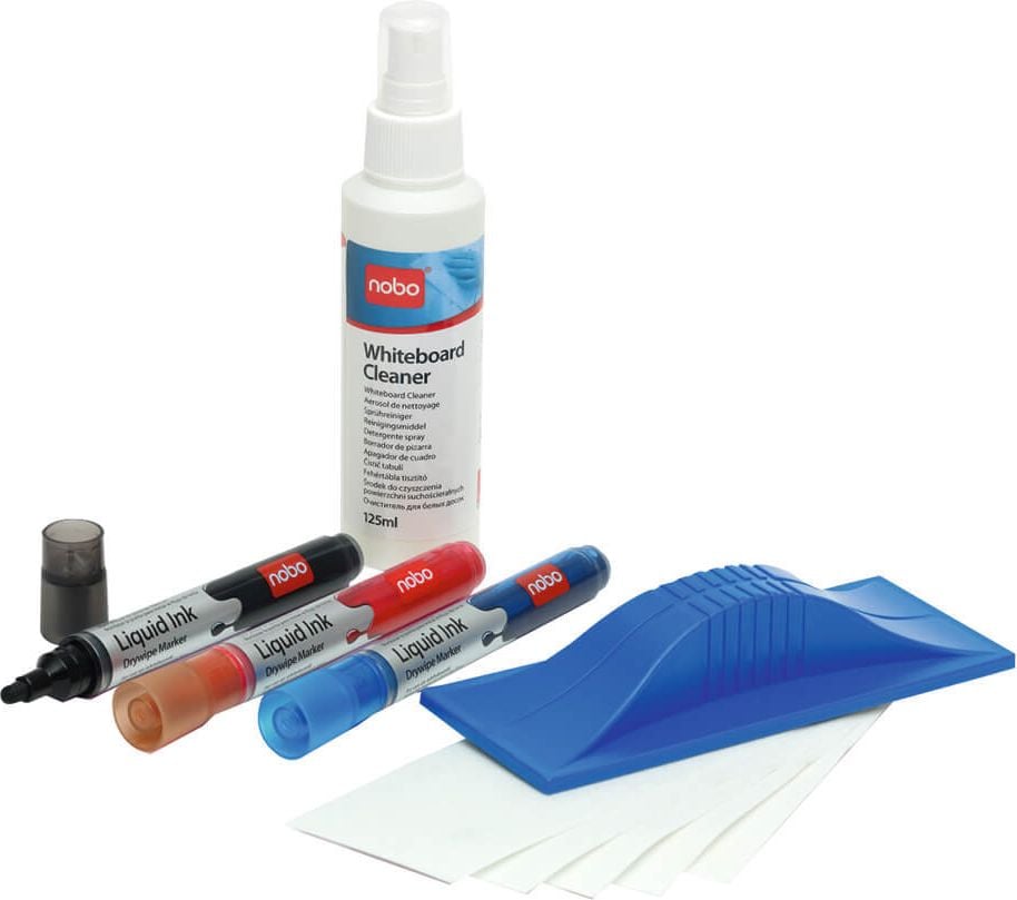Tafel-Starter-Set Nobo Whiteboard Starter Kit 34438861, 3 Marker, Tafelwischer, Löschpapier,
Reinigungsspray
