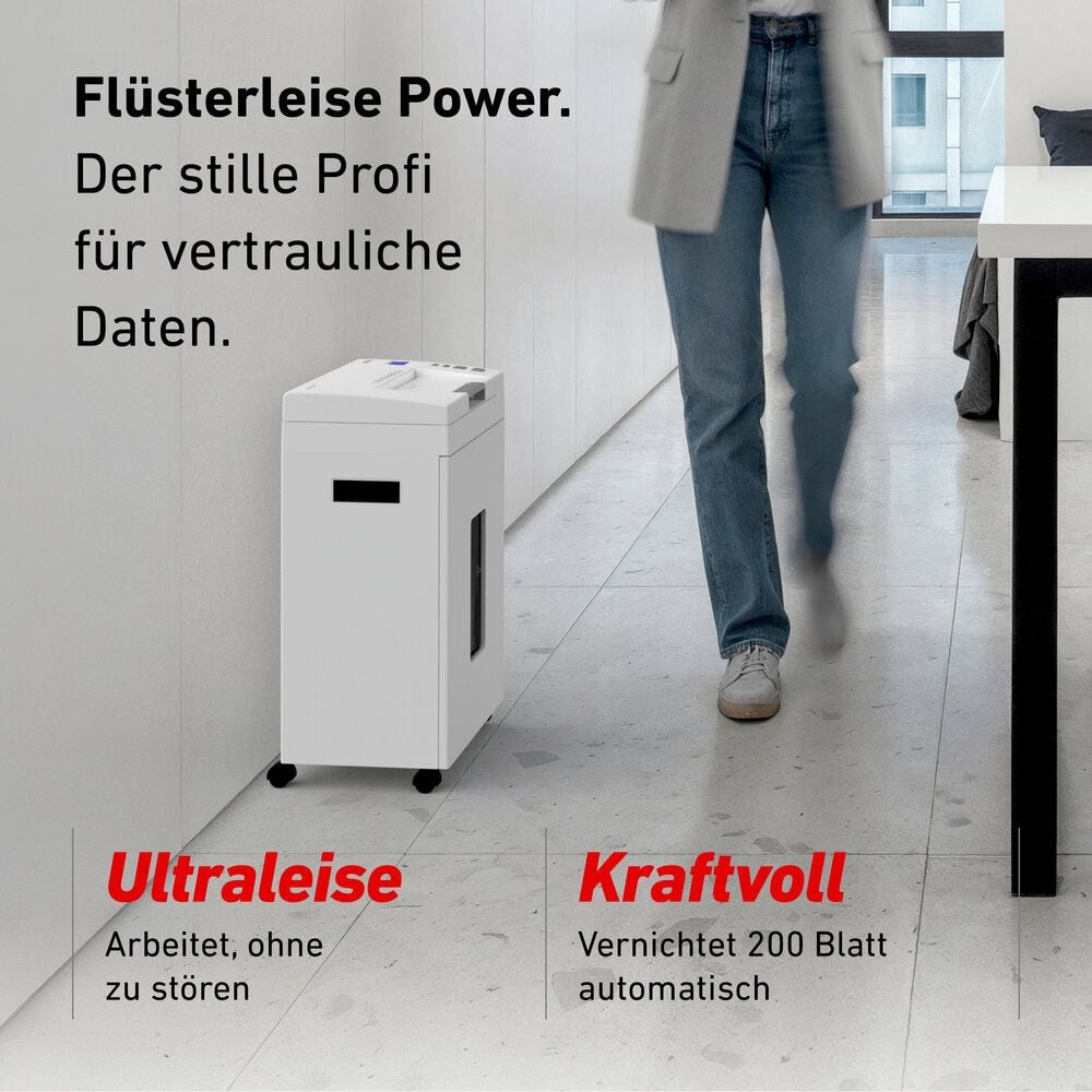 Aktenvernichter Ideal Shredcat 8292 CC P-4 82929111, 4x10mm Partikelschnitt, ca. 200 Blatt bzw. 10 Blatt, 26 Liter Behälter, weiß