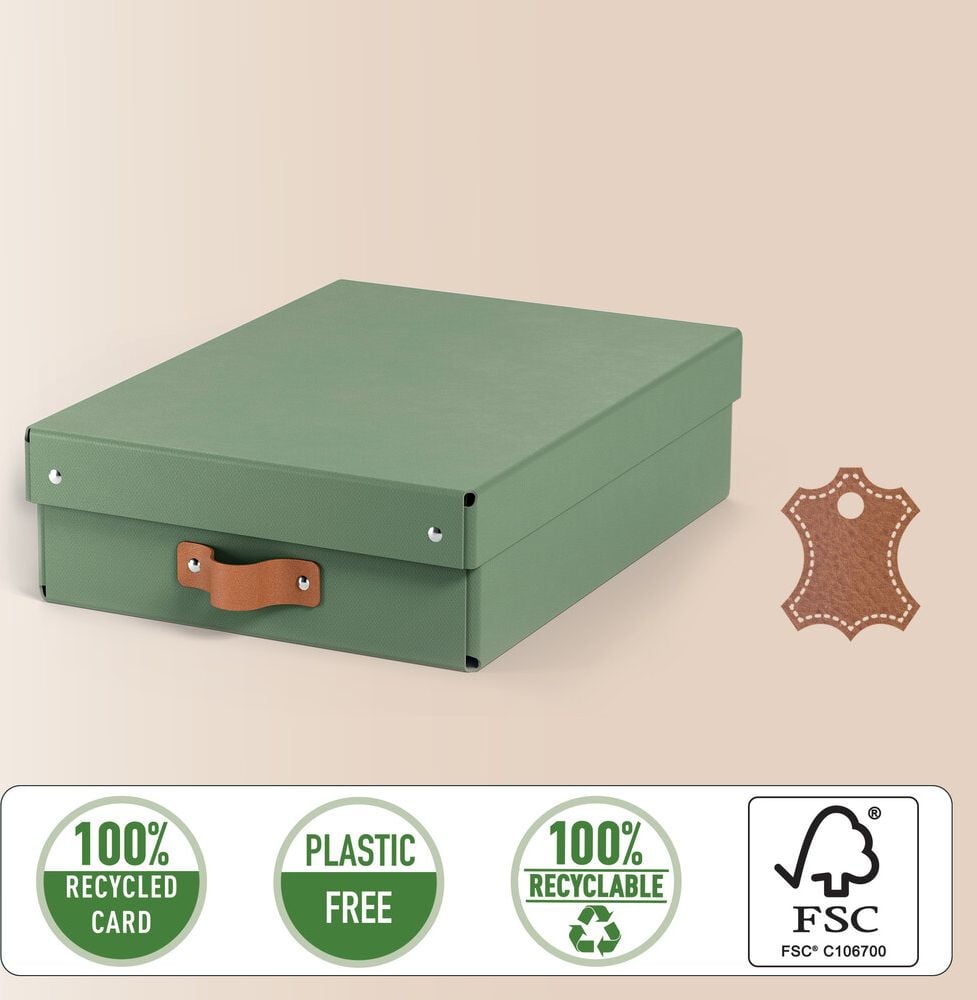 Aufbewahrungsbox Leitz Puro klein, 7 Liter, 200x150x280mm, mit Deckel, 100%
Recyclingkarton, Pack 2 Stück, grün