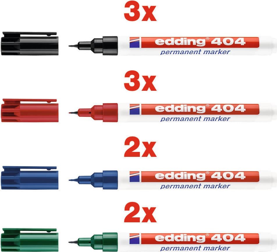 Permanentmarker Edding 404-9-99, ca. 0,75mm, Rundspitze, Schachtel mit 10
Stiften in 4 Farben