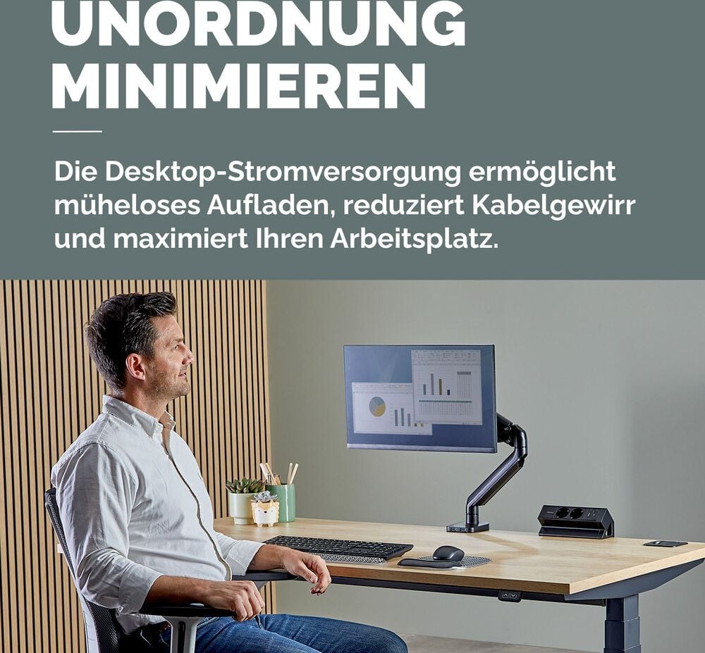Tischsteckdosenleiste Fellowes Power Desk 2 Type F 2-fach, Tischklemme, 2x Steckdosen (230V), 1x USB-A, 1x USB-C, Kabellänge 2m, schwarz