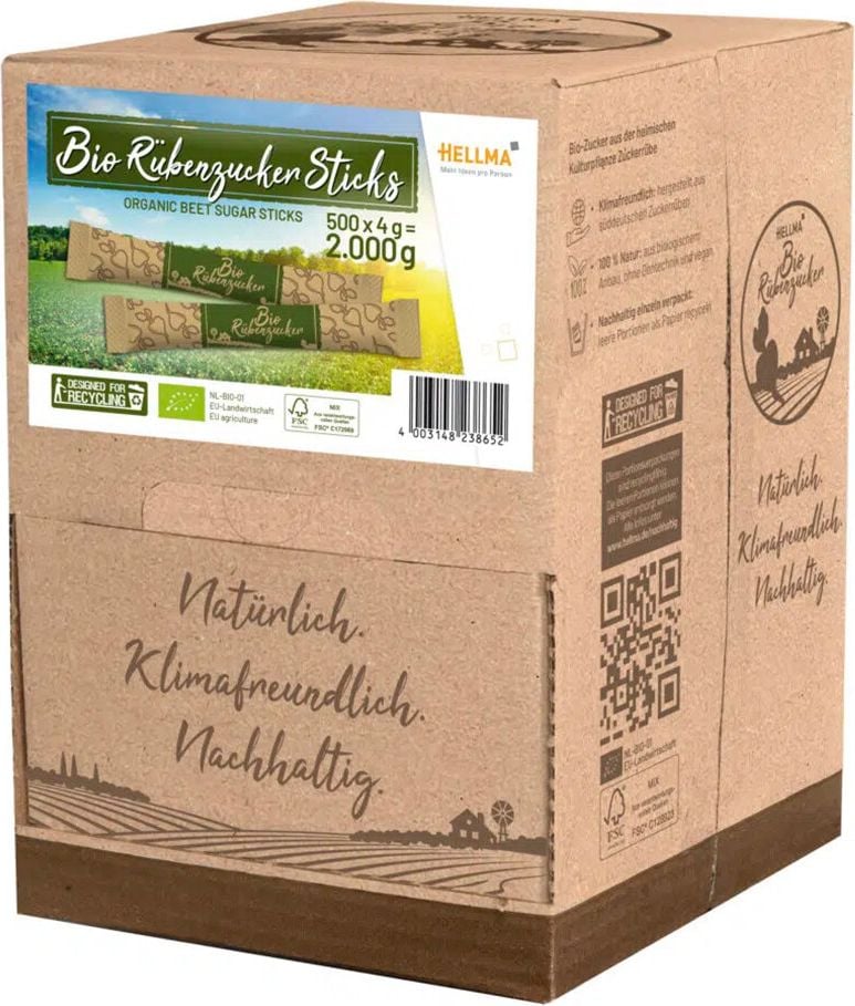 Bio-Rübenzuckersticks Hellma 60123865, Pack 500 Portionen/4g, einzeln verpackt im Displaykarton, Bio-zertifiziert DE-ÖKO-039