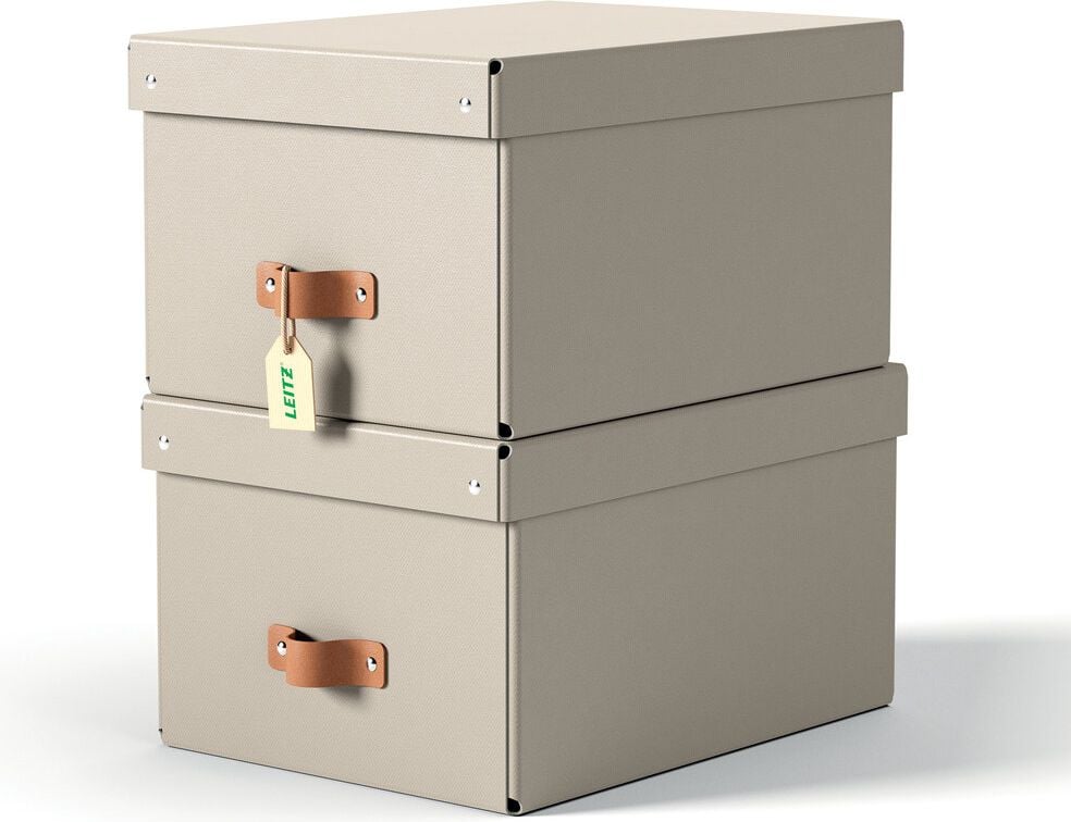 Aufbewahrungsbox Leitz Puro groß, 17 Liter, 270x200x370mm, mit Deckel, 100%
Recyclingkarton, Pack 2 Stück, beige