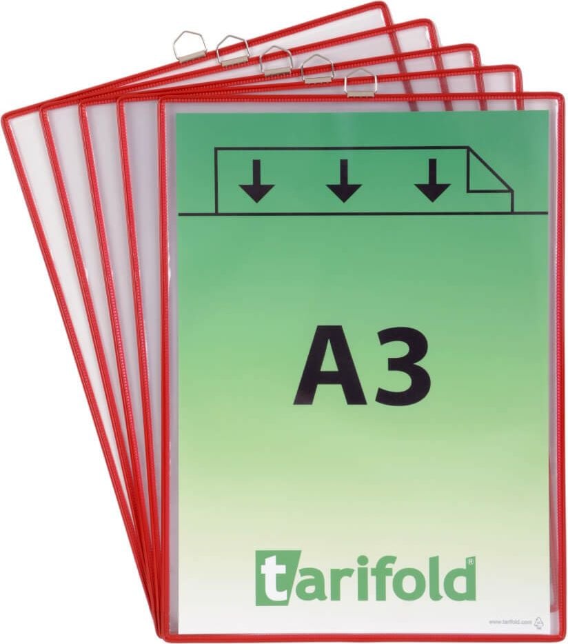 Aushangsichttafel tarifold Hängetafel 15350, A3 hoch, Metallöse, farbiger Rand, Pack 5
Stück, rot