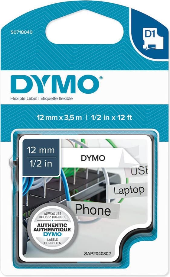 Schriftbänder Dymo D1 16953/S0718040, schwarz auf weiß, 12mm/3,5m, Nylonband