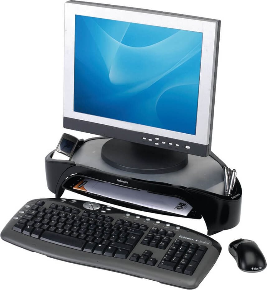 Monitorständer Fellowes Smart Suites 8020801, für Flachbildschirme bis 21 Zoll, bis 10kg, Briefkorb, 2 Zubehörfächer, höhenverstellbar, Kunststoff, schwarz