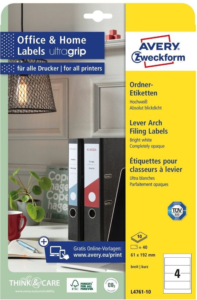Rückenschilder Zweckform L4761-10 ultragrip, breit/kurz, 192x61mm, auf A4, weiß, Pack 10
Blatt/40 Stück