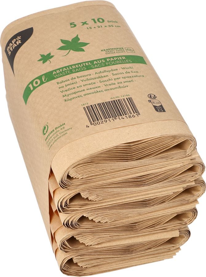 Abfallbeutel Papstar 14186 aus Kraftpapier 10 Liter, 35x21x15cm, Kraftpapier 70 g/m², 10 Liter, braun, Pack 50 Stück