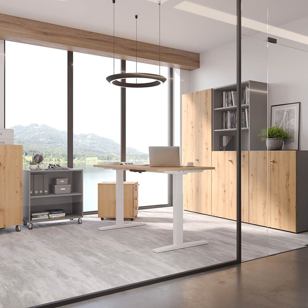 Hubschreibtisch Hammerbacher XMKA16, 160x80cm (BxT), 70-120cm Höhe, elektrisch
höhenverstellbar, rechteckig, C-Fuß weiß, nussbaum