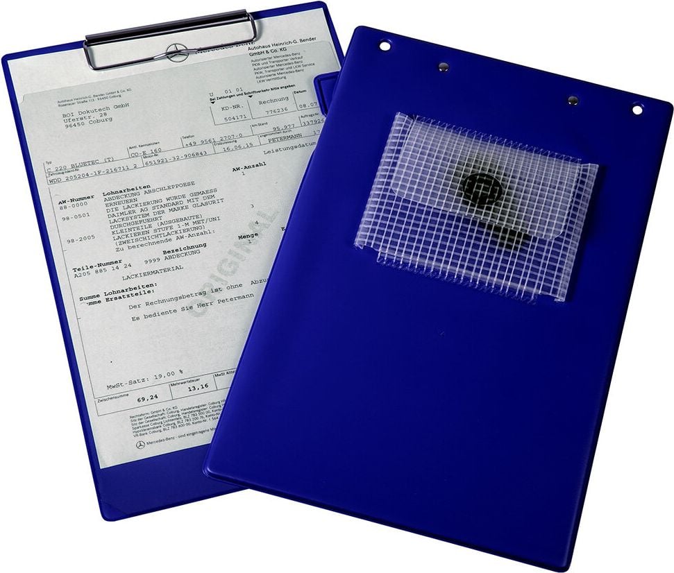 Auftragstasche Eichner Klemmfix, DIN A4, Dokumentenfach, Schlüsselfach mit
Klettverschluss, Blockklemme, Stiftlasche,
farbig, blau
