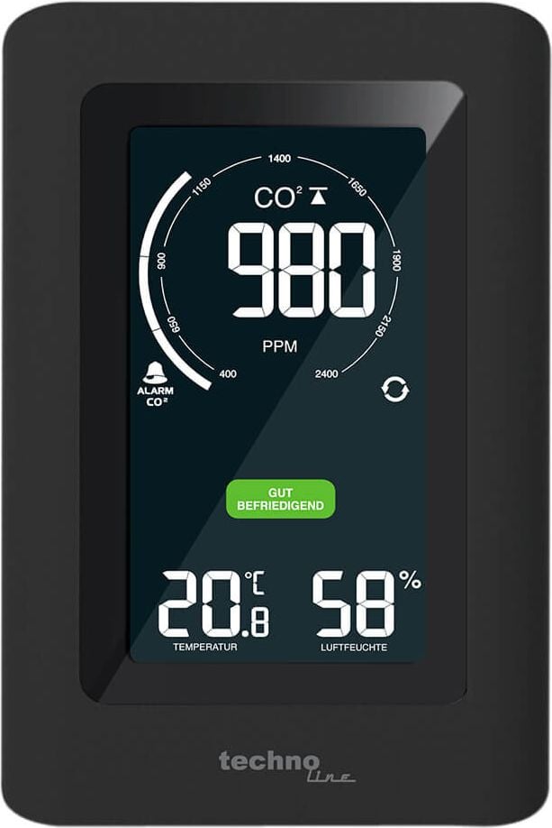 CO2-Messgerät technoline WL 1030, einfaches Ampelsystem, mit Temperatur- und
Luftfeuchtigkeitsanzeige, 9,4 x 14,5 x 5 cm