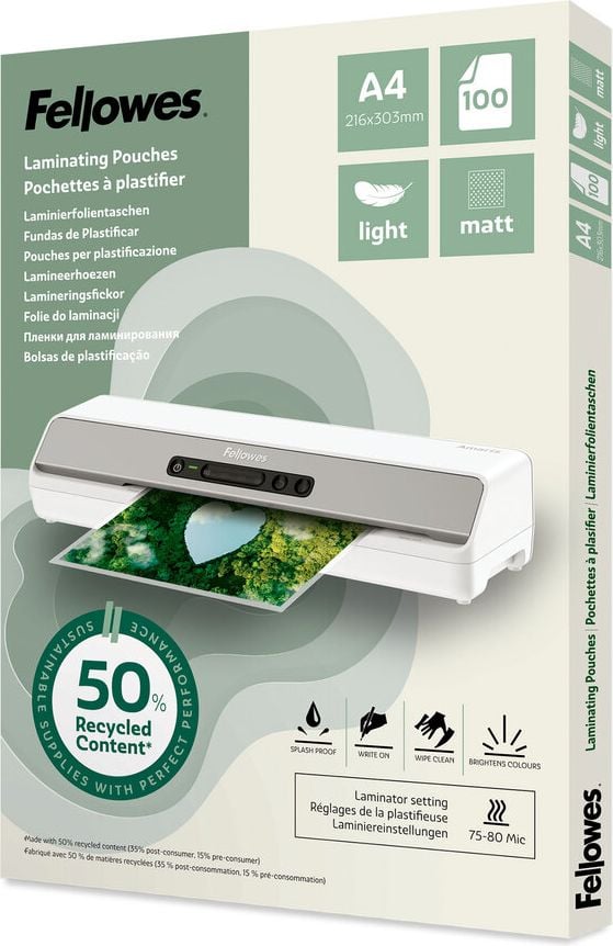 Laminierfolien Fellowes A4 POUCH 100143435, 303x216mm, 80 mic, matt, 50% Recyclinganteil, Pack 100 Stück