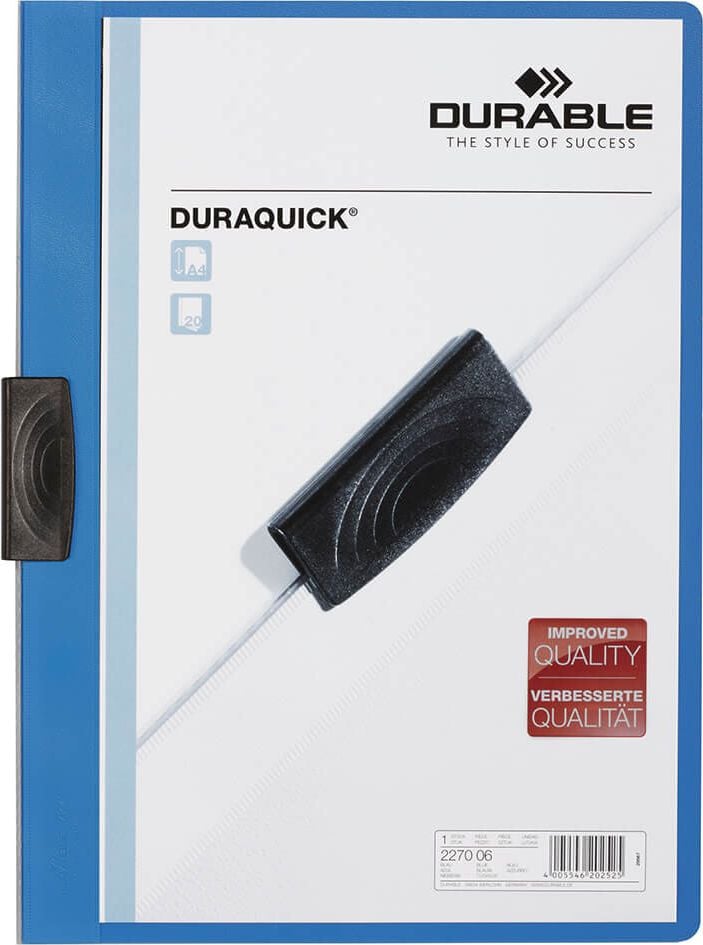 Klemmhefter Durable DURAQUICK 2270, für 20 Blatt, Kunststoffclip, transparenter
Vorderdeckel, farbiger Rückdeckel, hellblau