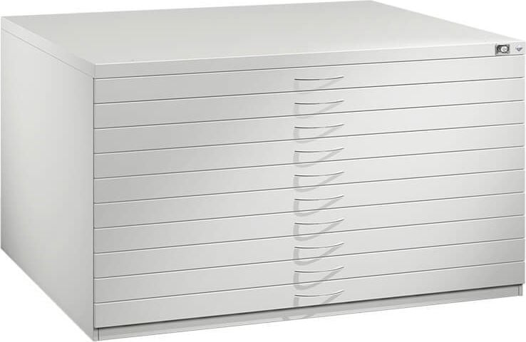 Flachablageschrank CP Serie 7200 7201-000, 135x76x96cm (BxHxT), 10 Schubladen,
für Formate bis DIN A0, Zentralschloss, hellgrau